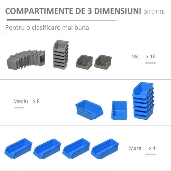 Panou scule, PP, cu 28 de cutii pentru depozitare, 10 carlige, 4 suporturi, gri si albastru, max 30 kg, 95×54 cm