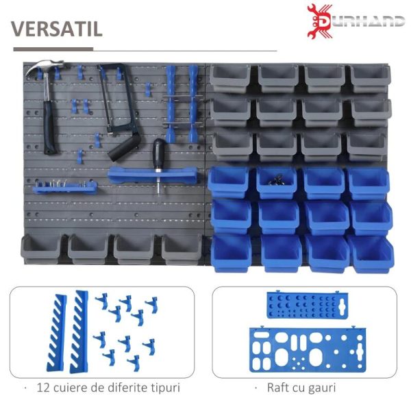 Panou scule, PP, cu 28 de cutii pentru depozitare, 10 carlige, 4 suporturi, gri si albastru, max 30 kg, 95×54 cm