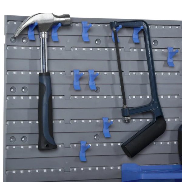 Panou scule, PP, cu 28 de cutii pentru depozitare, 10 carlige, 4 suporturi, gri si albastru, max 30 kg, 95×54 cm