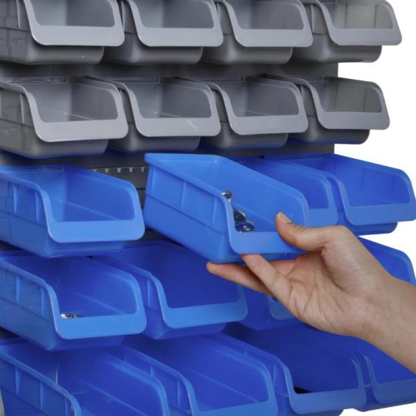 Panou scule, PP, cu 28 de cutii pentru depozitare, 10 carlige, 4 suporturi, gri si albastru, max 30 kg, 95×54 cm