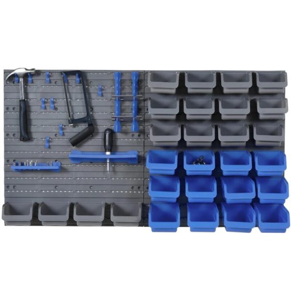 Panou scule, PP, cu 28 de cutii pentru depozitare, 10 carlige, 4 suporturi, gri si albastru, max 30 kg, 95×54 cm