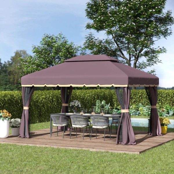 Pavilion/foisor pentru gradina/terasa, cadru aluminiu, cu plasa pentru insecte, cafeniu, 3.90×2.90×2.80 m