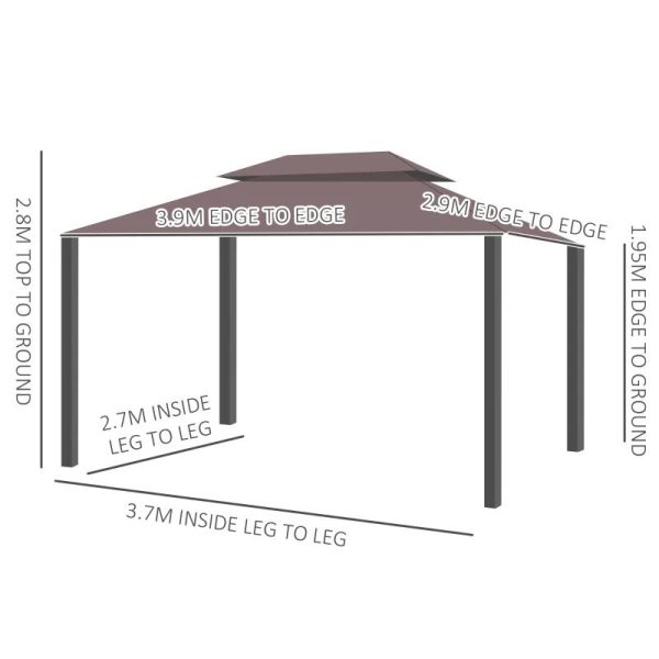 Pavilion/foisor pentru gradina/terasa, cadru aluminiu, cu plasa pentru insecte, cafeniu, 3.90×2.90×2.80 m