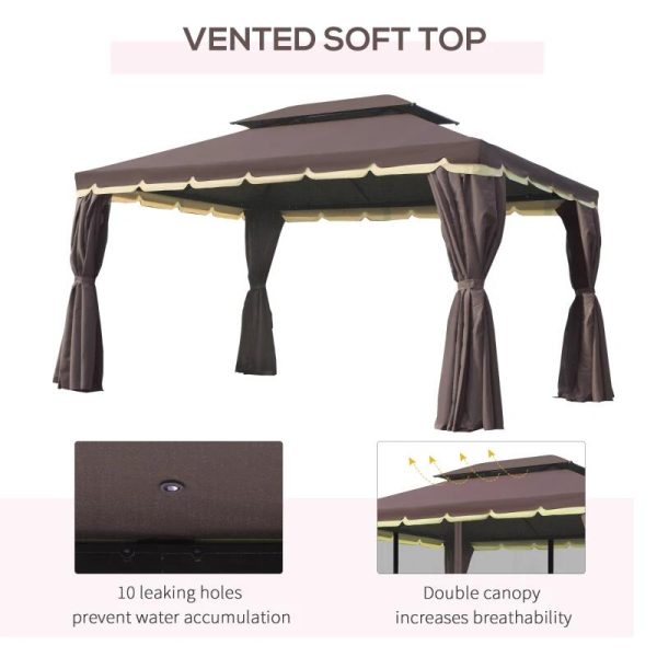 Pavilion/foisor pentru gradina/terasa, cadru aluminiu, cu plasa pentru insecte, cafeniu, 3.90×2.90×2.80 m