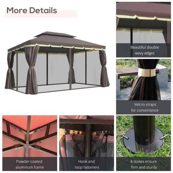 Pavilion/foisor pentru gradina/terasa, cadru aluminiu, cu plasa pentru insecte, cafeniu, 3.90×2.90×2.80 m