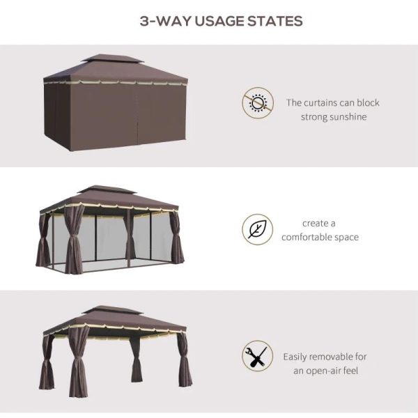 Pavilion/foisor pentru gradina/terasa, cadru aluminiu, cu plasa pentru insecte, cafeniu, 3.90×2.90×2.80 m