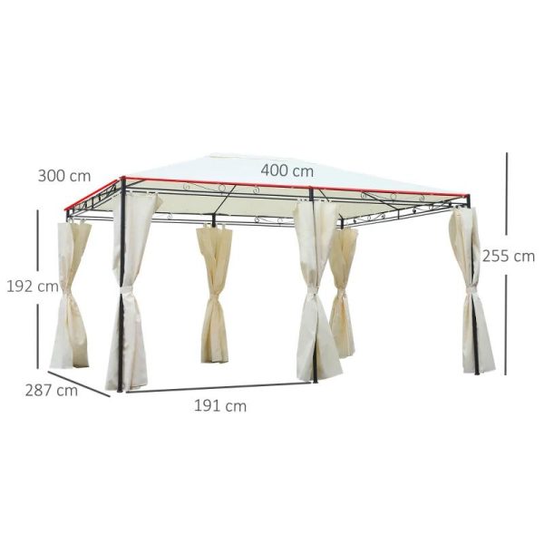 Pavilion/foisor pentru gradina/terasa, cadru metalic, cu perdele, crem, 4x3x2.55 m