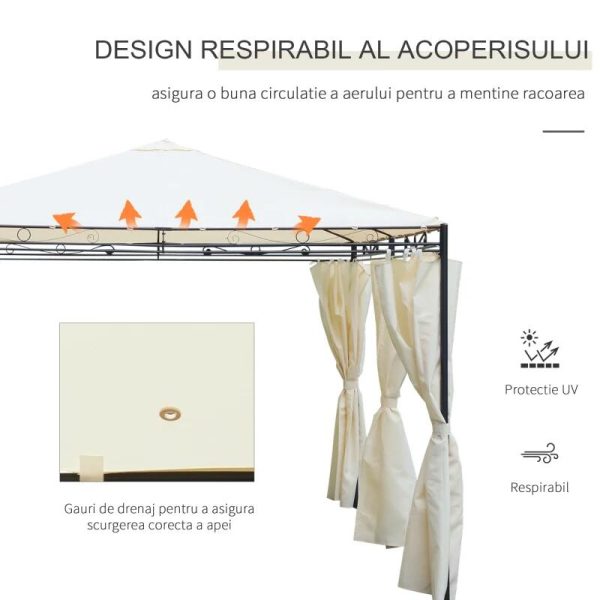 Pavilion/foisor pentru gradina/terasa, cadru metalic, cu perdele, crem, 4x3x2.55 m
