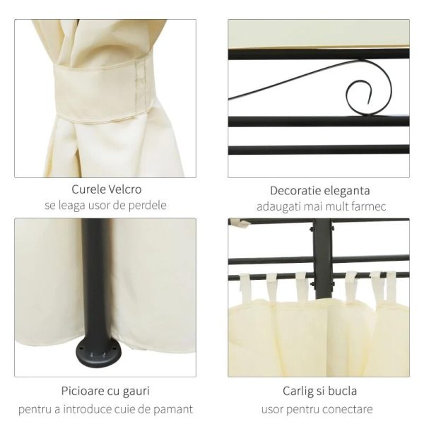 Pavilion/foisor pentru gradina/terasa, cadru metalic, cu perdele, crem, 4x3x2.55 m