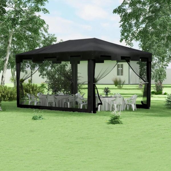 Pavilion/foisor pentru gradina/terasa, cadru metalic, cu plasa de tantari, gri inchis, 3.95×2.95×2.55 m