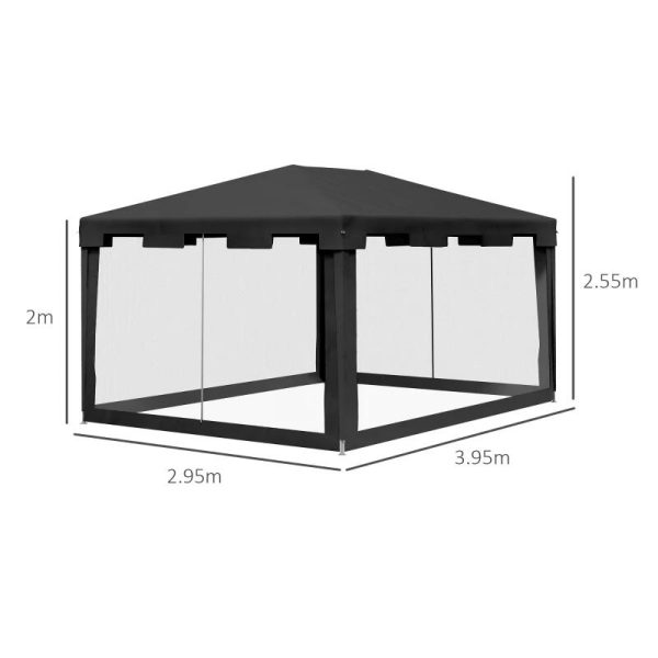 Pavilion/foisor pentru gradina/terasa, cadru metalic, cu plasa de tantari, gri inchis, 3.95×2.95×2.55 m
