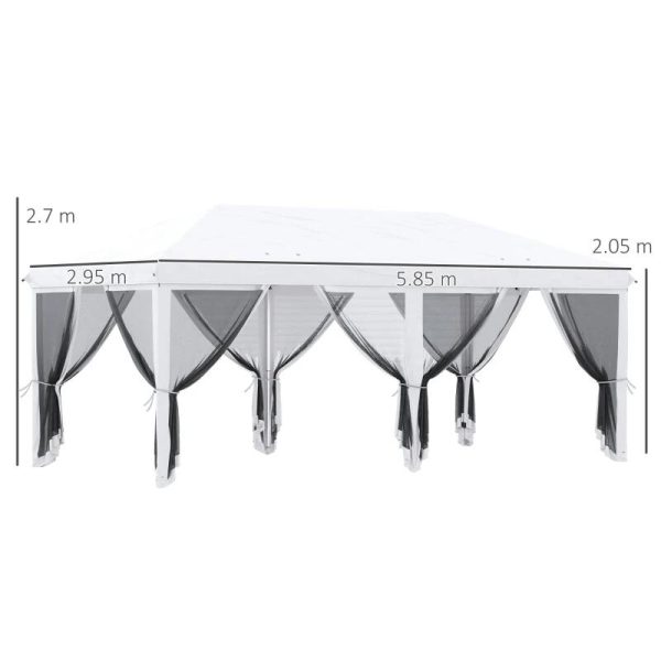 Pavilion/foisor pentru gradina/terasa, cadru metalic, cu plasa pentru insecte, alb si negru, 5.85×2.95×2.70 m