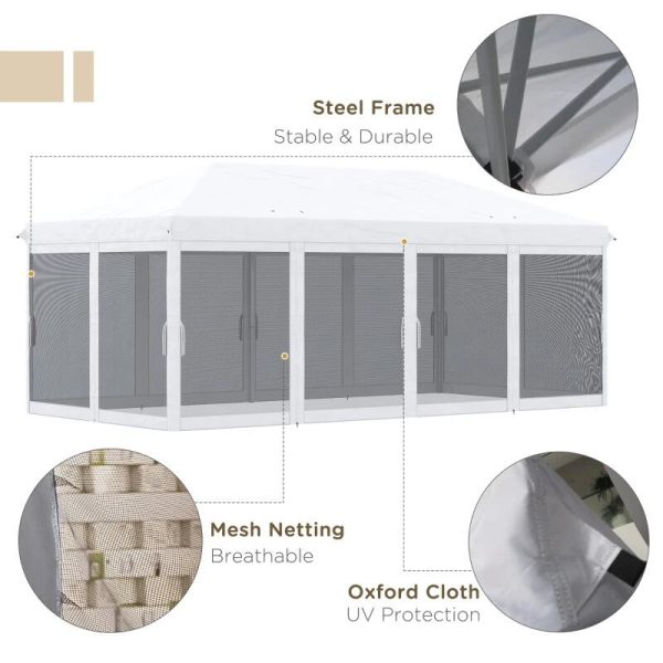 Pavilion/foisor pentru gradina/terasa, cadru metalic, cu plasa pentru insecte, alb si negru, 5.85×2.95×2.70 m
