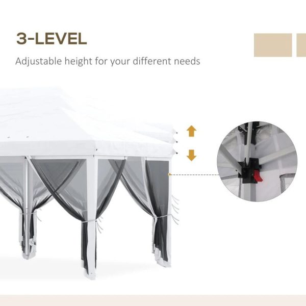 Pavilion/foisor pentru gradina/terasa, cadru metalic, cu plasa pentru insecte, alb si negru, 5.85×2.95×2.70 m