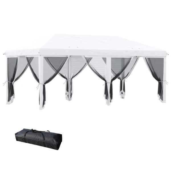 Pavilion/foisor pentru gradina/terasa, cadru metalic, cu plasa pentru insecte, alb si negru, 5.85×2.95×2.70 m