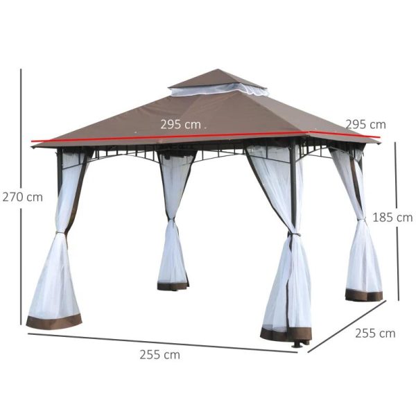 Pavilion/foisor pentru gradina/terasa, cadru metalic, cu plasa pentru insecte, maro si alb, 2.95×2.95×2.7 m
