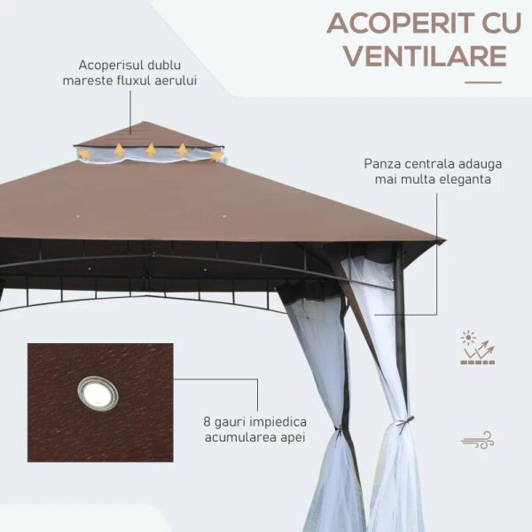 Pavilion/foisor pentru gradina/terasa, cadru metalic, cu plasa pentru insecte, maro si alb, 2.95×2.95×2.7 m