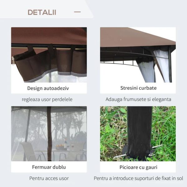 Pavilion/foisor pentru gradina/terasa, cadru metalic, cu plasa pentru insecte, maro si alb, 2.95×2.95×2.7 m