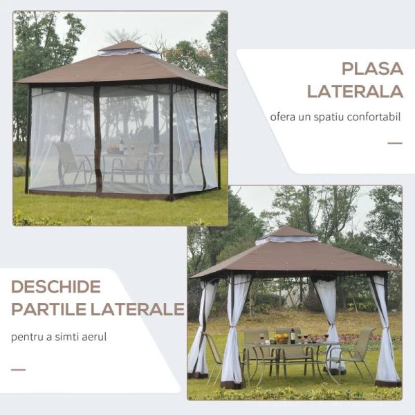 Pavilion/foisor pentru gradina/terasa, cadru metalic, cu plasa pentru insecte, maro si alb, 2.95×2.95×2.7 m