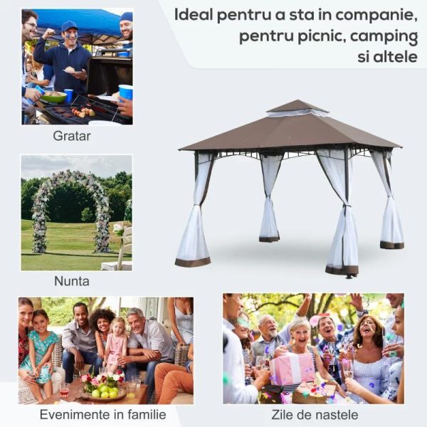 Pavilion/foisor pentru gradina/terasa, cadru metalic, cu plasa pentru insecte, maro si alb, 2.95×2.95×2.7 m