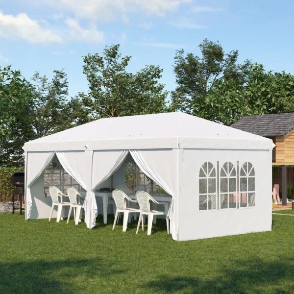 Pavilion pentru gradina/comercial, cadru metalic, material Oxford, 6 pereti, pliabil, alb, 5.85×2.95×2.70 m