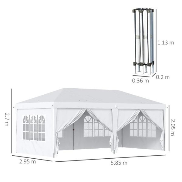 Pavilion pentru gradina/comercial, cadru metalic, material Oxford, 6 pereti, pliabil, alb, 5.85×2.95×2.70 m