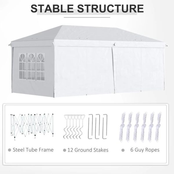 Pavilion pentru gradina/comercial, cadru metalic, material Oxford, 6 pereti, pliabil, alb, 5.85×2.95×2.70 m