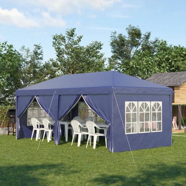Pavilion pentru gradina/comercial, cadru metalic material Oxford, 6 pereti, cu geanta, albastru, 5.85×2.95×2.70 m
