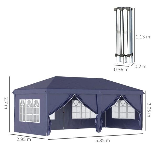 Pavilion pentru gradina/comercial, cadru metalic material Oxford, 6 pereti, cu geanta, albastru, 5.85×2.95×2.70 m