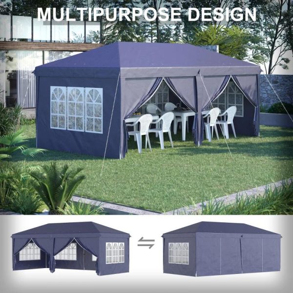Pavilion pentru gradina/comercial, cadru metalic material Oxford, 6 pereti, cu geanta, albastru, 5.85×2.95×2.70 m