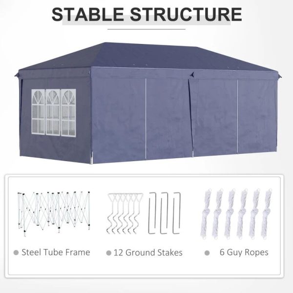 Pavilion pentru gradina/comercial, cadru metalic material Oxford, 6 pereti, cu geanta, albastru, 5.85×2.95×2.70 m