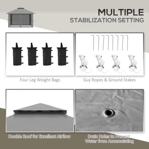 Pavilion/foisor pentru gradina/terasa, pliabil, cu inaltime ajustabila, material Oxford, cadru metalic, plasa insecte, 4 contragreutati, gri, 3.92×3.92×2.83 m