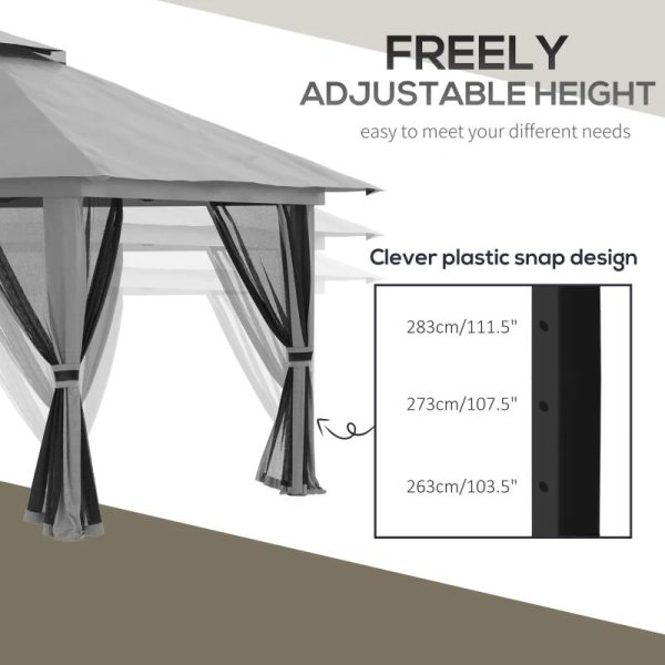 Pavilion/foisor pentru gradina/terasa, pliabil, cu inaltime ajustabila, material Oxford, cadru metalic, plasa insecte, 4 contragreutati, gri, 3.92×3.92×2.83 m