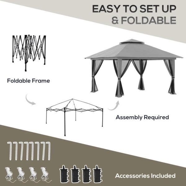 Pavilion/foisor pentru gradina/terasa, pliabil, cu inaltime ajustabila, material Oxford, cadru metalic, plasa insecte, 4 contragreutati, gri, 3.92×3.92×2.83 m