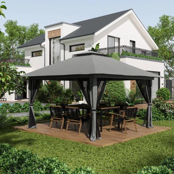 Pavilion/foisor pentru gradina/terasa, pliabil, cu inaltime ajustabila, material Oxford, cadru metalic, plasa insecte, 4 contragreutati, gri, 3.92×3.92×2.83 m