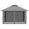 Pavilion/foisor pentru gradina/terasa, pliabil, cu inaltime ajustabila, material Oxford, cadru metalic, plasa insecte, 4 contragreutati, gri, 3.92x3.92x2.83 m