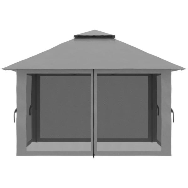 Pavilion/foisor pentru gradina/terasa, pliabil, cu inaltime ajustabila, material Oxford, cadru metalic, plasa insecte, 4 contragreutati, gri, 3.92x3.92x2.83 m
