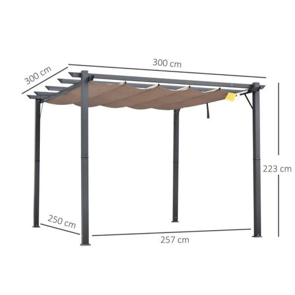 Pergola pentru gradina/terasa, retractabila, cadru aluminiu, gri si maro, 3x3x2.23 m