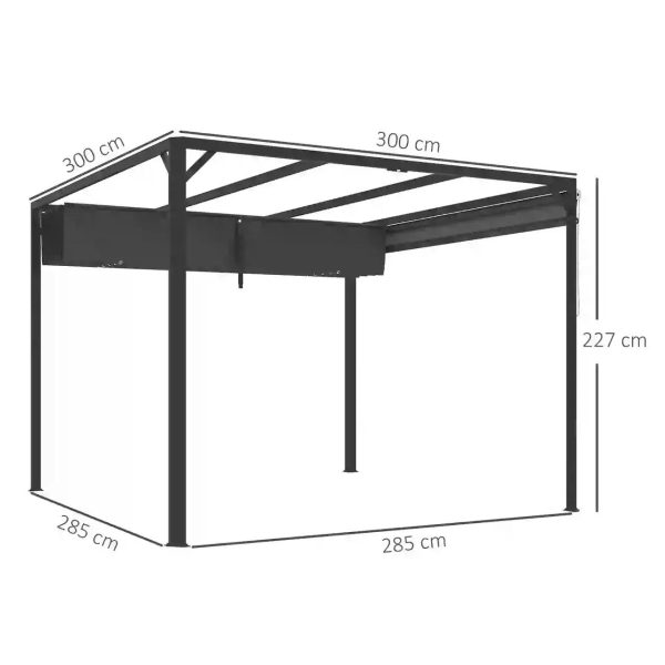 Pergola pentru gradina/terasa, retractabila, cu perete paravan, cadru aluminiu, gri inchis, 3x3x2.27 m