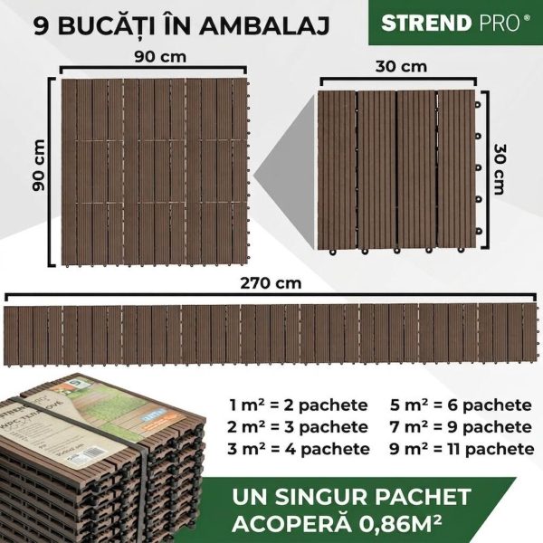 Podea de gradina din plastic, set 9 buc, 31×31 cm, maro inchis, Strend Pro