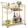 Carucior servire, raft mobil pentru bucatarie, Artool, pe roti, otel, sticla, cu suport pahare si sticle, auriu, 86x38x90 cm