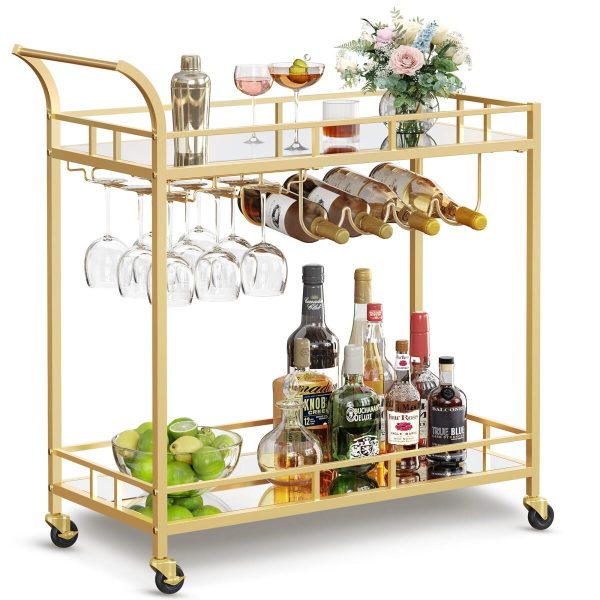 Carucior servire, raft mobil pentru bucatarie, Artool, pe roti, otel, sticla, cu suport pahare si sticle, auriu, 86x38x90 cm