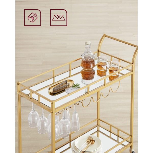 Carucior servire, raft mobil pentru bucatarie, Artool, pe roti, otel, sticla, cu suport pahare si sticle, auriu, 86x38x90 cm