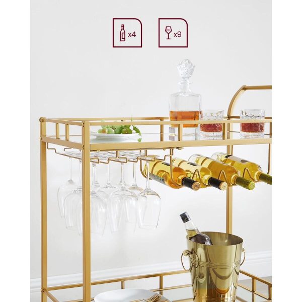 Carucior servire, raft mobil pentru bucatarie, Artool, pe roti, otel, sticla, cu suport pahare si sticle, auriu, 86x38x90 cm