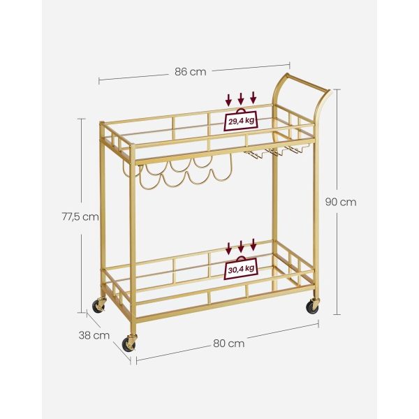 Carucior servire, raft mobil pentru bucatarie, Artool, pe roti, otel, sticla, cu suport pahare si sticle, auriu, 86x38x90 cm