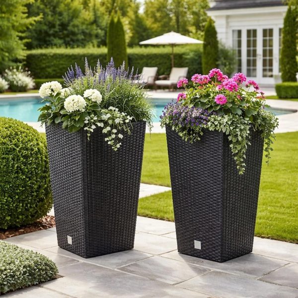 Set 2 ghivece de flori, Rato, imitatie ratan, inalte, 32.5×32.5×61 cm, antracit, Prosperplast