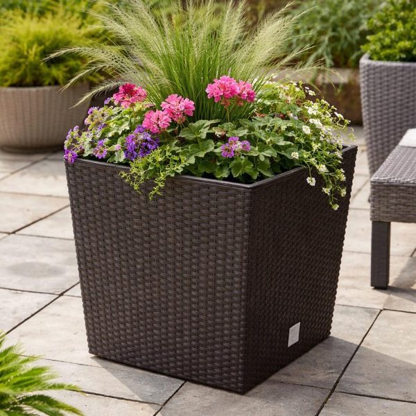 Set 2 ghivece de flori, Rato Low, imitatie ratan, patrate, 40x40x40.8 cm, maro, Prosperplast
