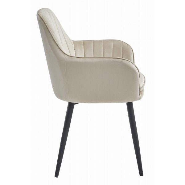 Scaun stil fotoliu bucatarie/living, Artool, Lugo, catifea bej, picioare metal negru, 57.5×56.5×86.5 cm