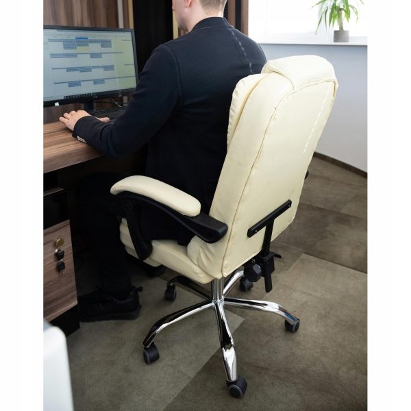 Scaun de birou, Malatec, cu suport pentru picioare, rotativ, piele ecologica, crem, 65×102/110 cm