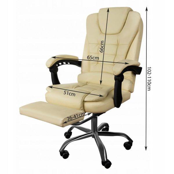 Scaun de birou, Malatec, cu suport pentru picioare, rotativ, piele ecologica, crem, 65×102/110 cm